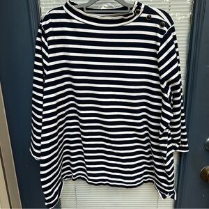 Talbots 3X navy white striped 3/4 sleeves buttons 100% cotton nautical blouse